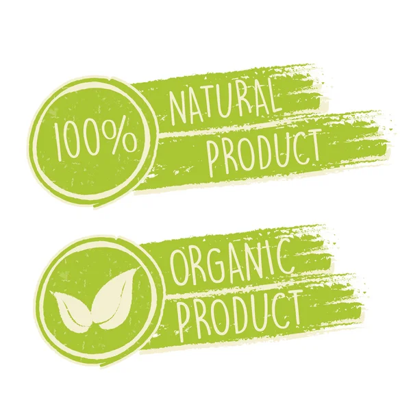 100% natural y ecológico con signo de hoja en dra verde — Vector de stock