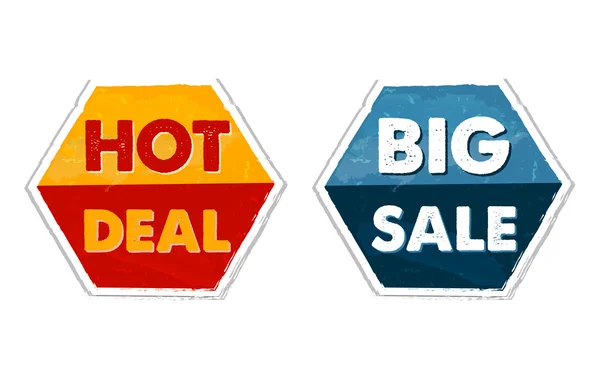 Hot deal and big sale in grunge flat design hexagons labels, vec — Stock Vector