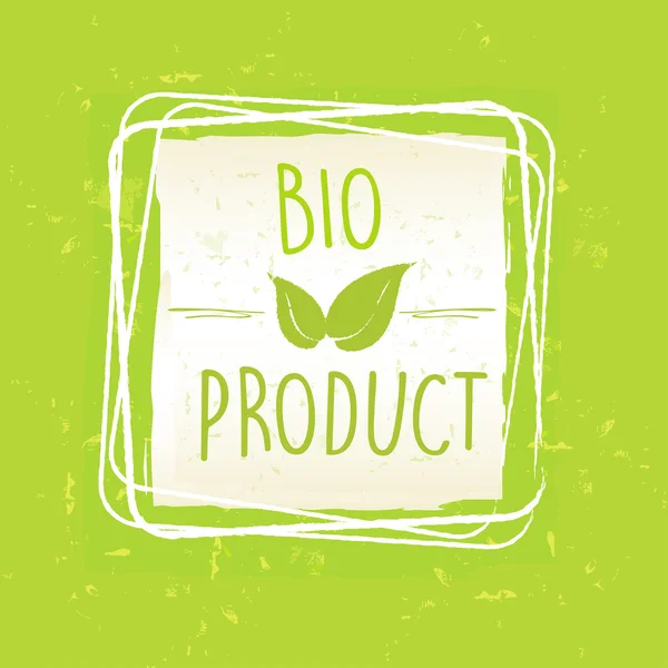 Bio producto con signo de hoja en marco sobre fondo de papel viejo verde — Vector de stock