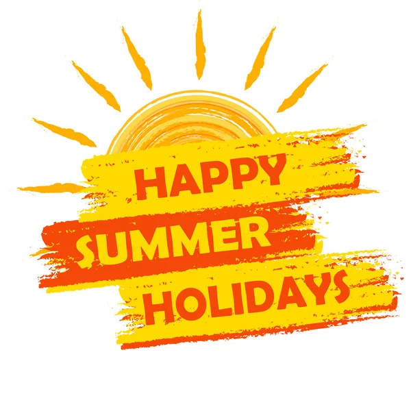 Frohe Sommerferien mit Sonnenzeichen, gelb und orange gezeichnetem Labor — Stockvektor