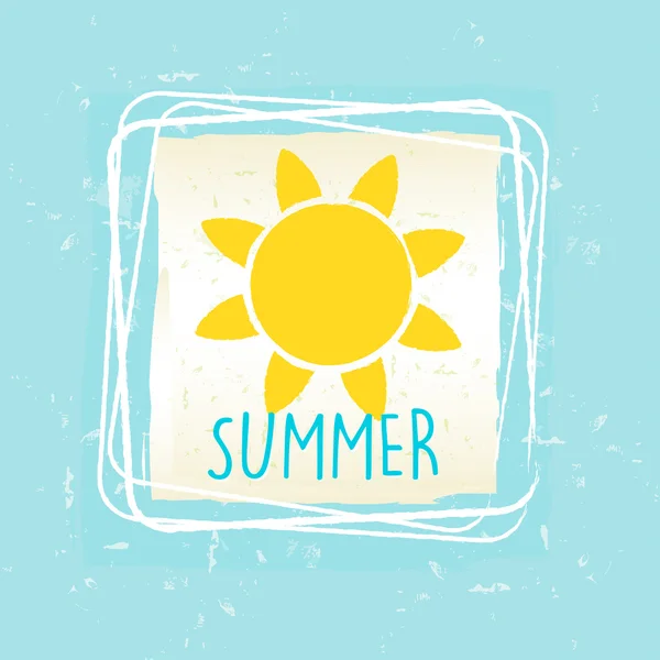 Summer with sun sign in frame over blue old paper background, ve — Stock Vector