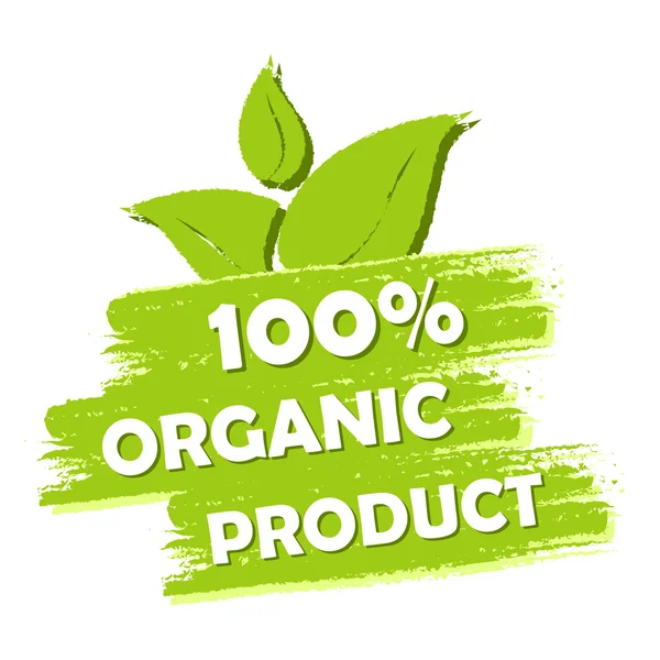 100 procent ekologisk produkt med löv skylt, grön ritad etikett, v — Stock vektor