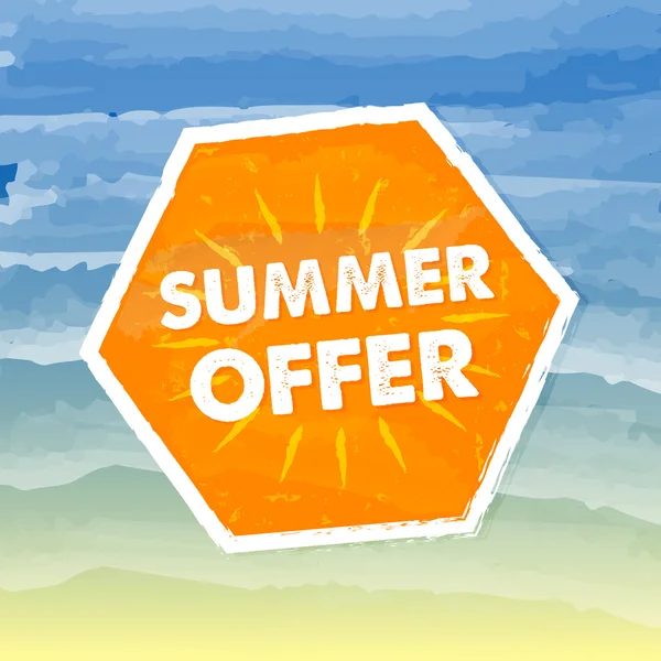 Summer offer in orange label over sea background, vector — Stock Vector