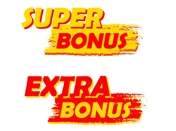 Super y extra bonus, etiquetas dibujadas amarillas y rojas, vector — Archivo Imágenes Vectoriales