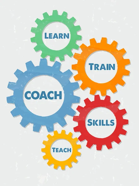 Coach, leren, trein, vaardigheden, leren in grunge platte ontwerp versnellingen, — Stockvector