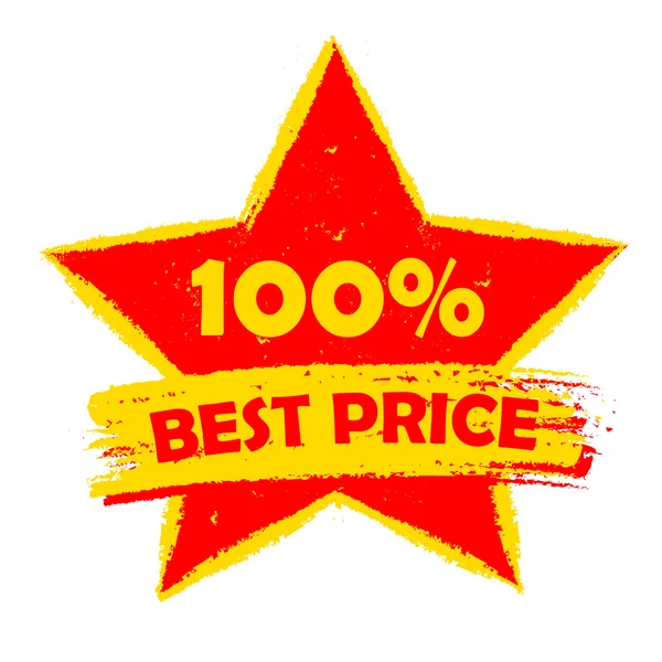 Beste prijs 100 percentages in ster, gele en rode getekende label, — Stockvector