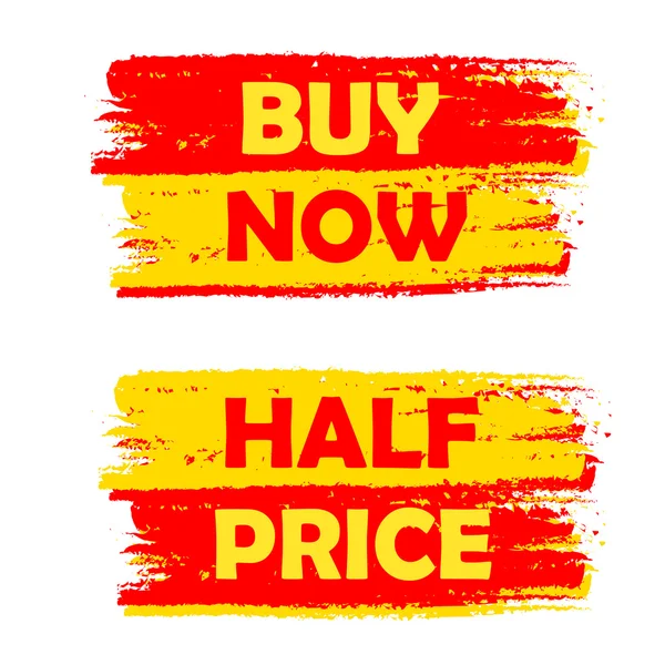Acheter maintenant et à moitié prix, étiquettes jaunes et rouges dessinées, vecteur — Image vectorielle