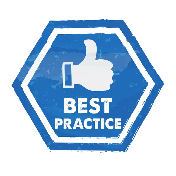 Best practice mit Daumen-hoch-Zeichen in blauem Grunge-Sechseck, Vektor — Stockvektor