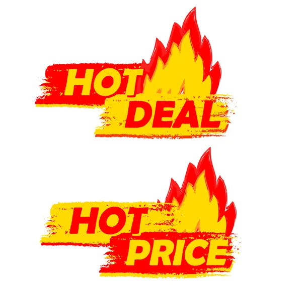 Hot deal en prijs op brand, geel en rood getrokken etiketten met fla — Stockvector