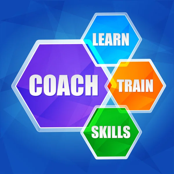 Coach, leren, trainen, vaardigheden in zeshoeken, plat ontwerp, Vector — Stockvector