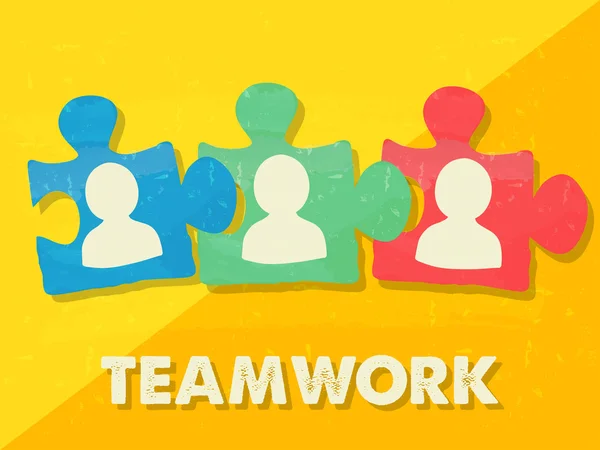 Teamwork and puzzle pieces with person signs, grunge flat design — Stock Vector