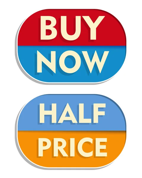 Comprar ahora y mitad de precio, dos etiquetas elípticas, vector — Vector de stock