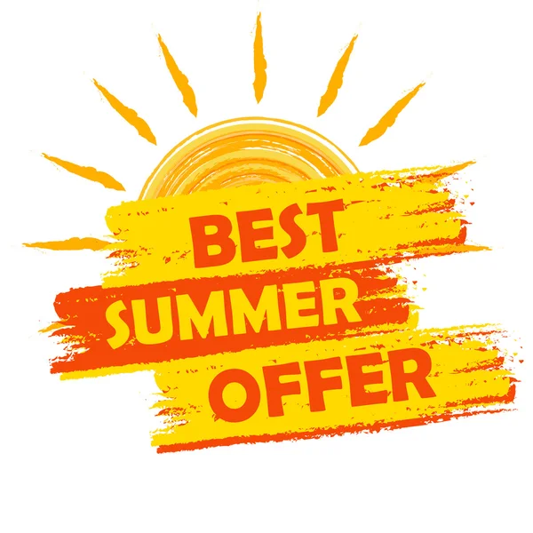 Best summer offer with sun sign, yellow and orange drawn label, — Stock Vector