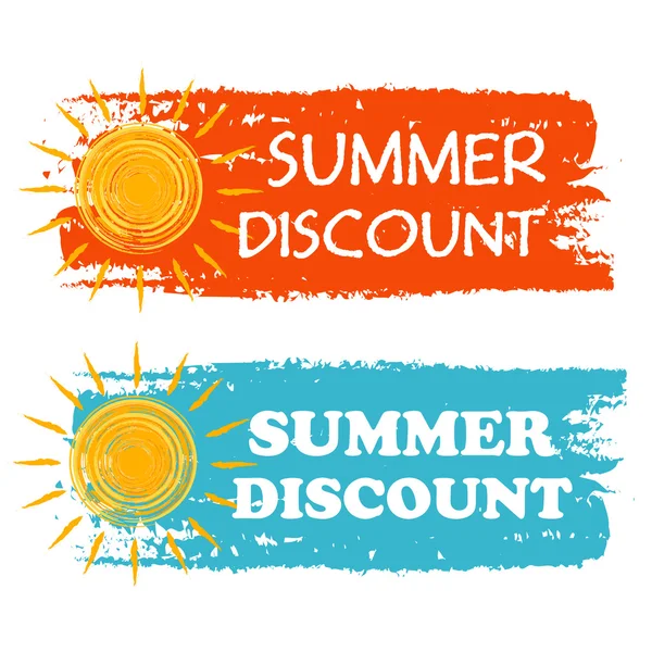Summer discount with yellow sun sign, orange and blue drawn labe — Stock Vector
