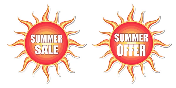 Summer sale and summer offer in sun labels, vector — Stock Vector