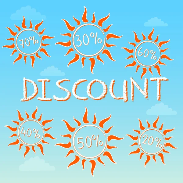 Sommerrabatt mit unterschiedlichen Prozentsätzen in Sonnen, Vektor — Stockvektor