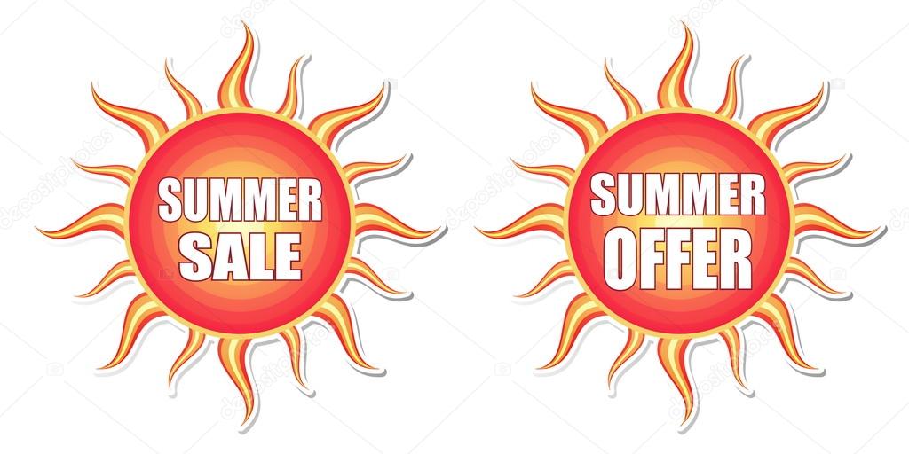 summer sale and summer offer in sun labels, vector