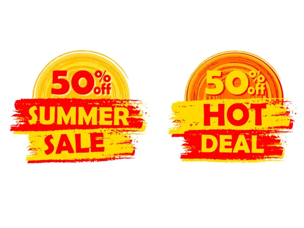 50 porcentagens fora da venda de verão e negócio quente com sinais de sol, desenhar —  Vetores de Stock