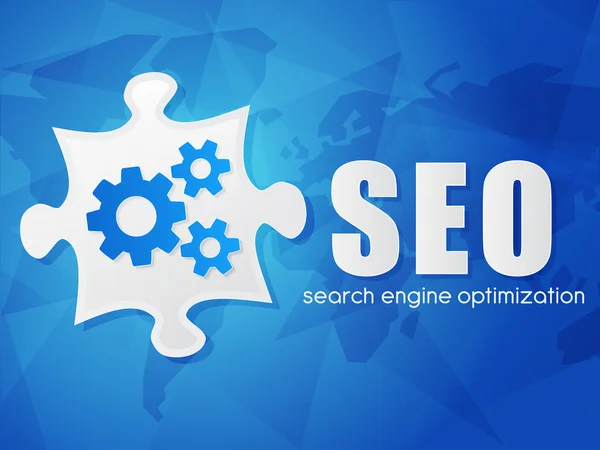 SEO com quebra-cabeça e mapa do mundo, search engine optimization, flat — Vetor de Stock