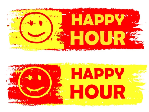 Happy hour z uśmiech znak, żółte i czerwone ciągnione etykiety, wektor — Wektor stockowy