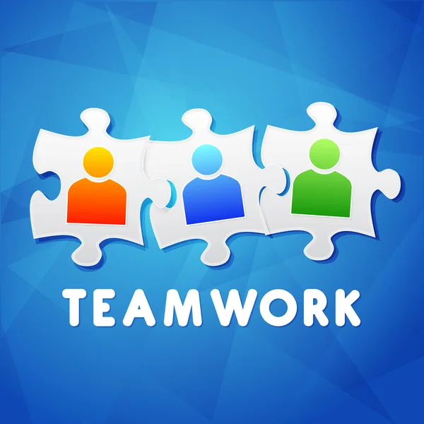 Teamwork und Puzzleteile mit Personenschildern, flaches Design, Vecto — Stockvektor