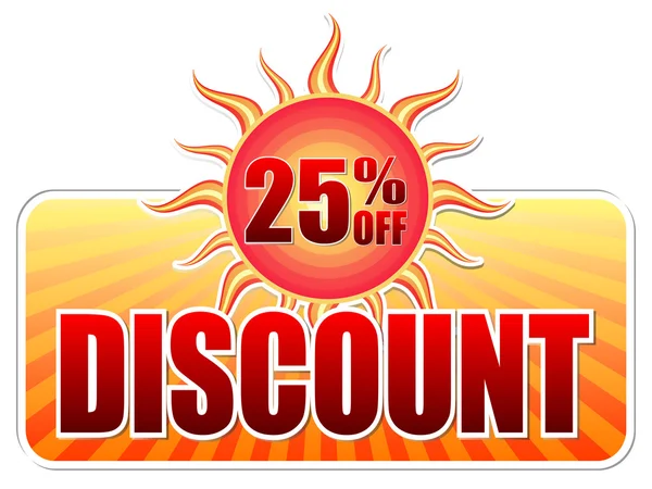 Zomer korting en 25 percentages af in label met zon, vector — Stockvector