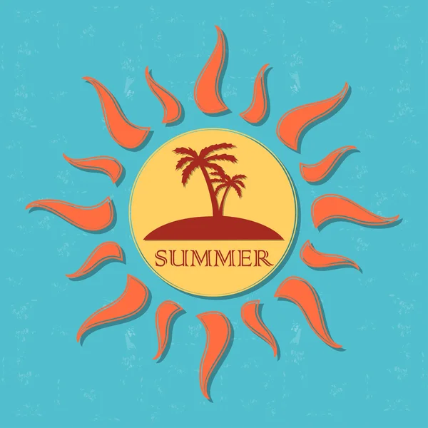 Ретро летняя этикетка с солнцем, лучами и пальмами, вектор — стоковый вектор
