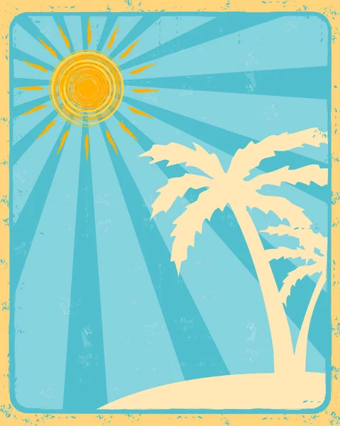 Etiqueta retro verano con sol, rayos y palmas, vector — Archivo Imágenes Vectoriales