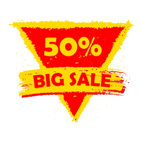 50 por ciento gran venta, etiqueta de triángulo dibujado amarillo y rojo, ve — Archivo Imágenes Vectoriales
