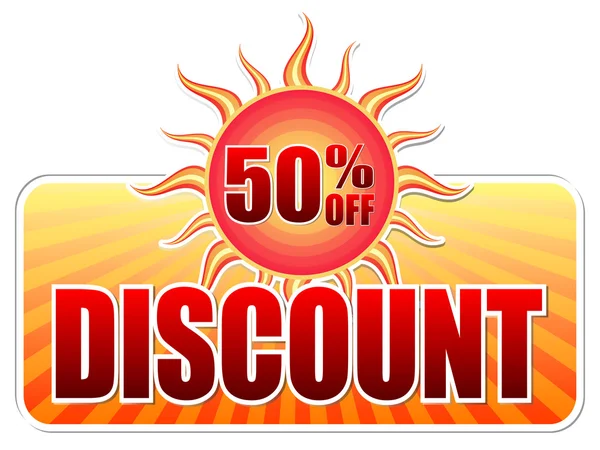 Summer discount and 50 percentages off in label with sun, vector — Stock Vector