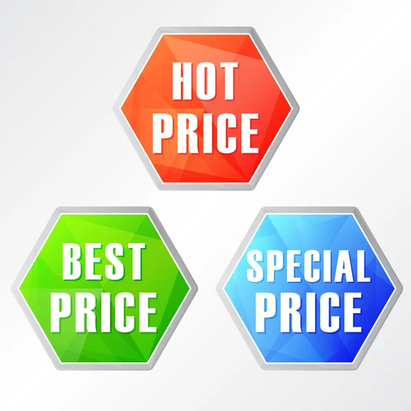 Caliente, mejor, precio especial, etiquetas de hexágonos de tres colores, vector — Vector de stock