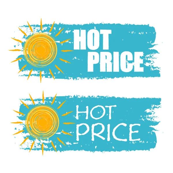 Hot price with yellow sun sign, blue drawn labels, vector — Stock Vector