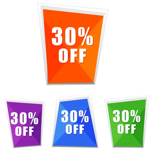 30 percentages uit, vier kleuren etiketten, vector — Stockvector