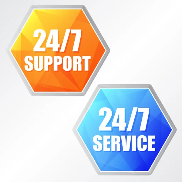 24/7 service, two colors hexagons labels, vector — Stock Vector