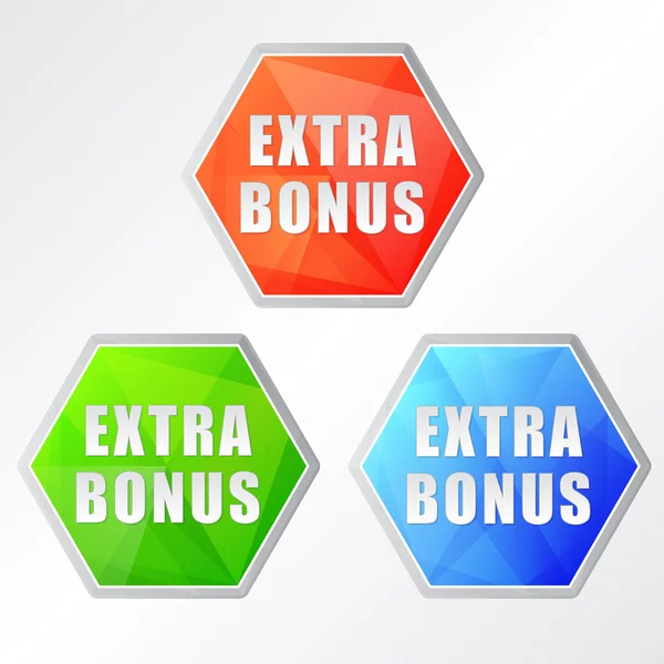 Extra bonus, tres colores hexagones etiquetas, vector — Vector de stock