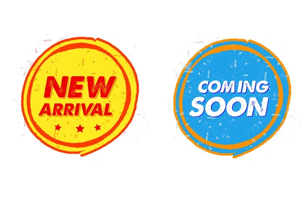 New arrival and coming soon, grunge drawn circle labels, vector — Stock Vector