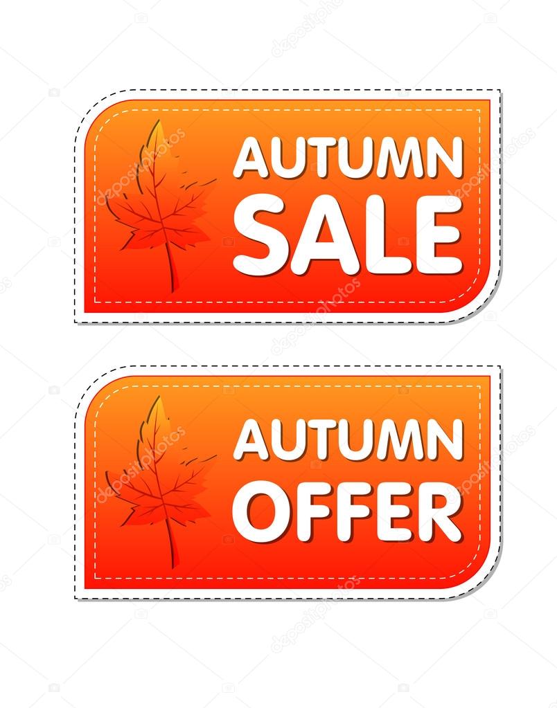 autumn sale and offer labels with fall leaf, vector