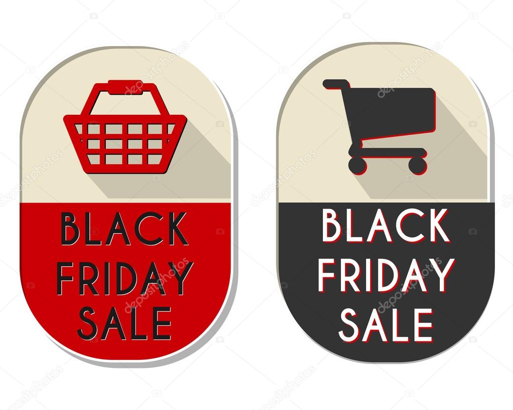 black friday sale labels with shopping basket and cart, vector