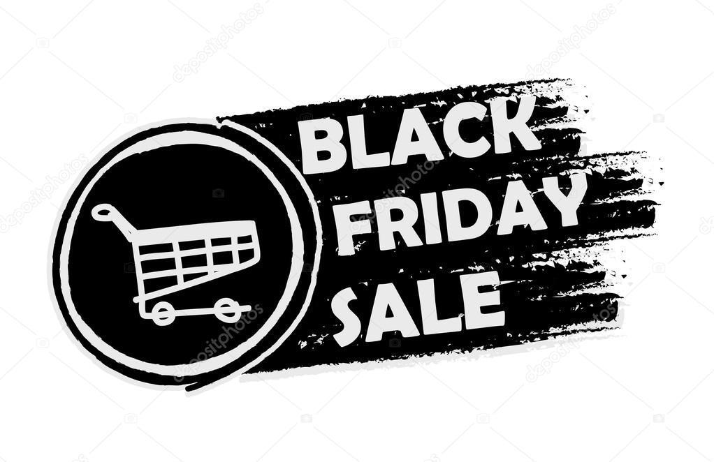 black friday with shopping cart, drawn banner, vector