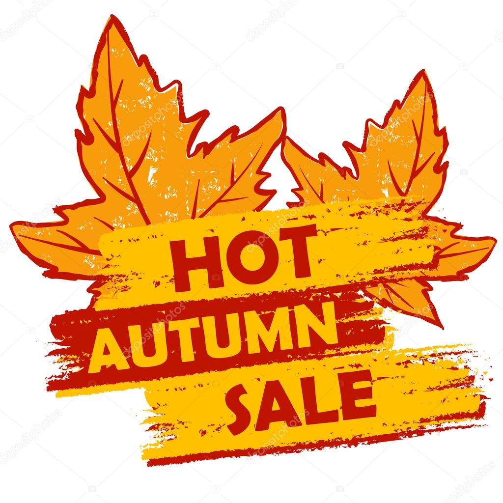 hot autumn sale with leaves, orange and brown drawn label, vecto