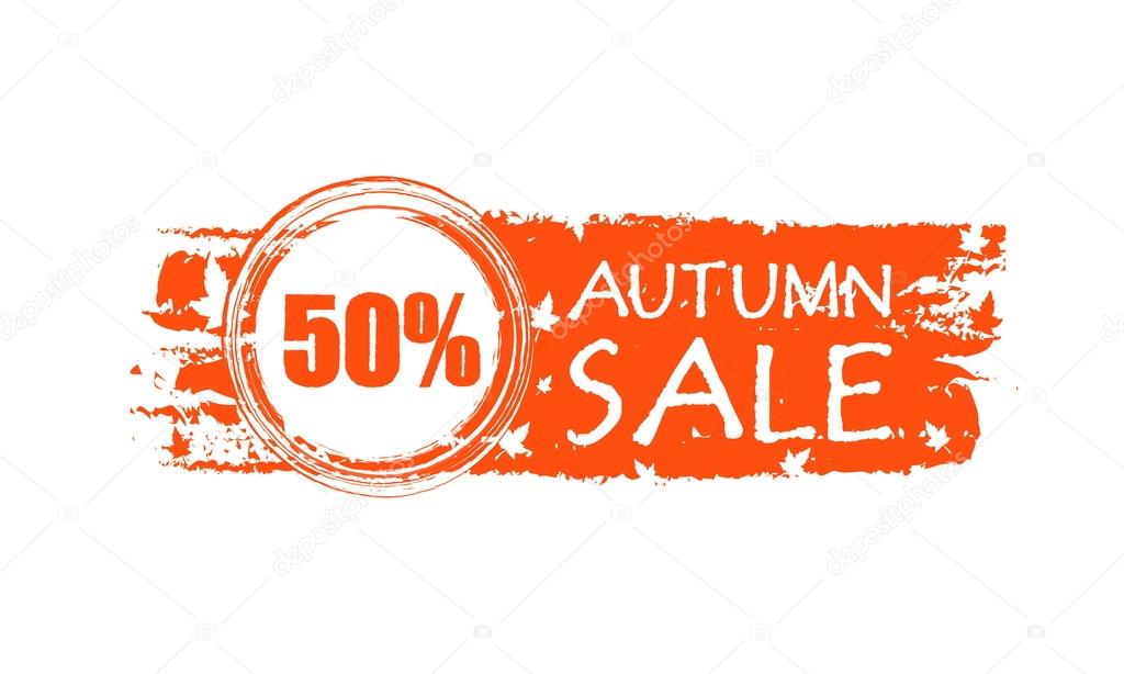autumn sale drawn banner with 50 percentages and fall leaves, ve