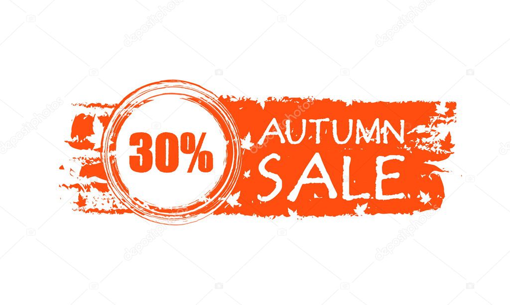 autumn sale drawn banner with 30 percentages and fall leaves, ve