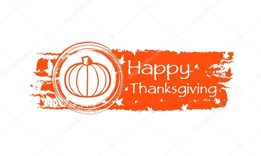 happy thanksgiving drawn banner with pumpkin and fall leaves, ve