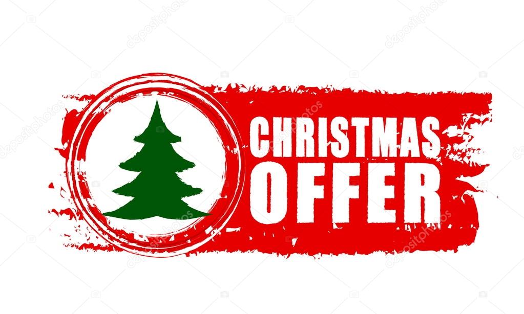 christmas offer and christmas tree on red drawn banner, vector