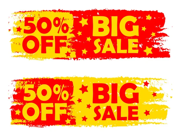 50 porcentagens venda grande, etiquetas desenhadas amarelas e vermelhas — Fotografia de Stock