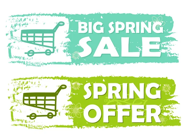 Grande venda de primavera e oferta com sinais de carrinho de compras, verde desenhado — Fotografia de Stock