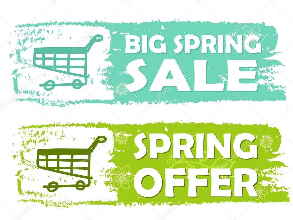 big spring sale and offer with shopping cart signs, green drawn 