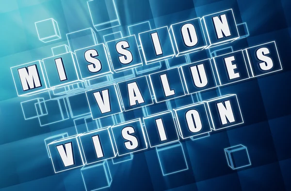 Mission, values, vision in blue glass blocks — Stock Photo, Image