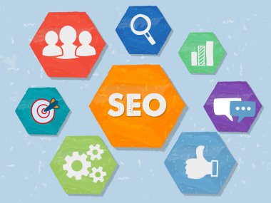 Grunge düz tasarım altıgenler SEO ve internet işaretleri