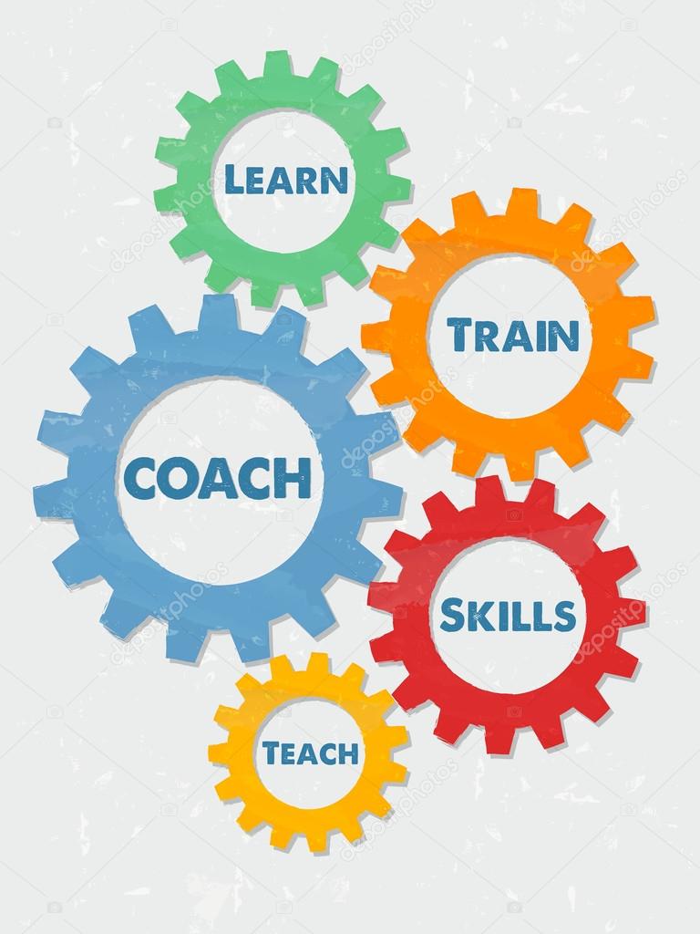 coach, learn, train, skills, teach in grunge flat design gears